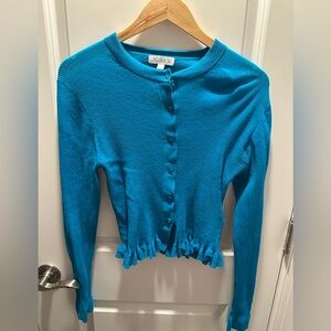 J. Crew Teal Linen Ruffle Hem Cardigan